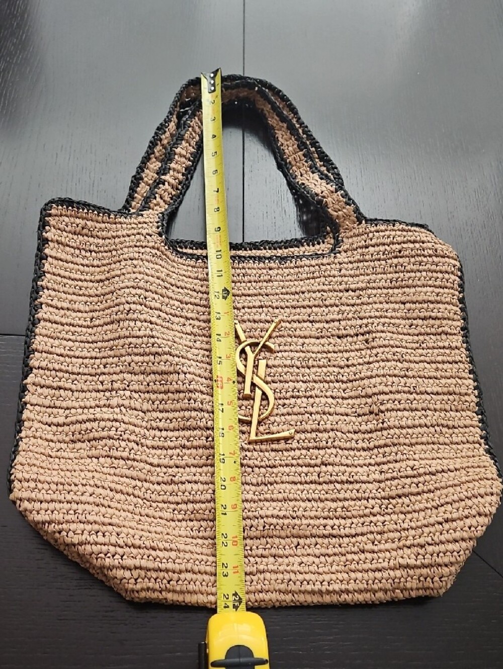 Raffia Satchel Tote in Tan with Black Trim and Gold Logo-Designer Inspired - Picture 3 of 10